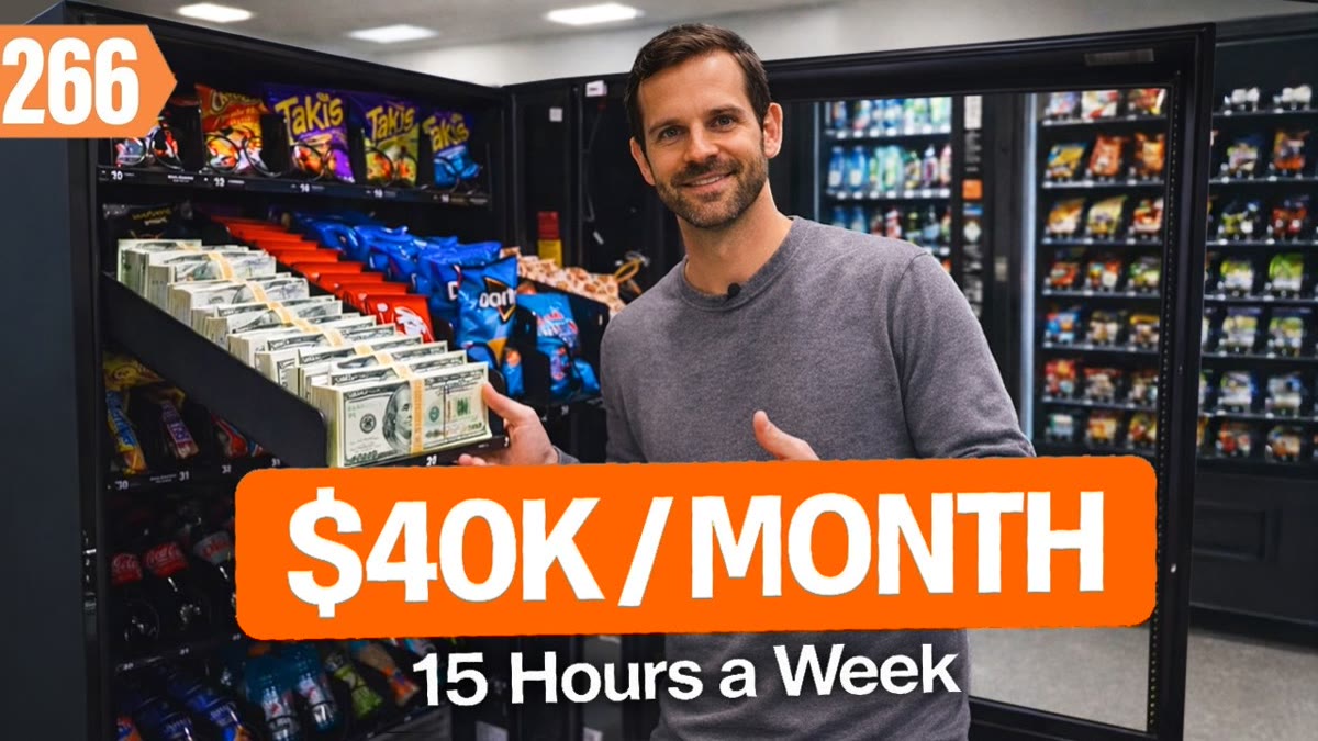 YouTube thumbnail of a stocked vending machine in a hallway with large title lettering