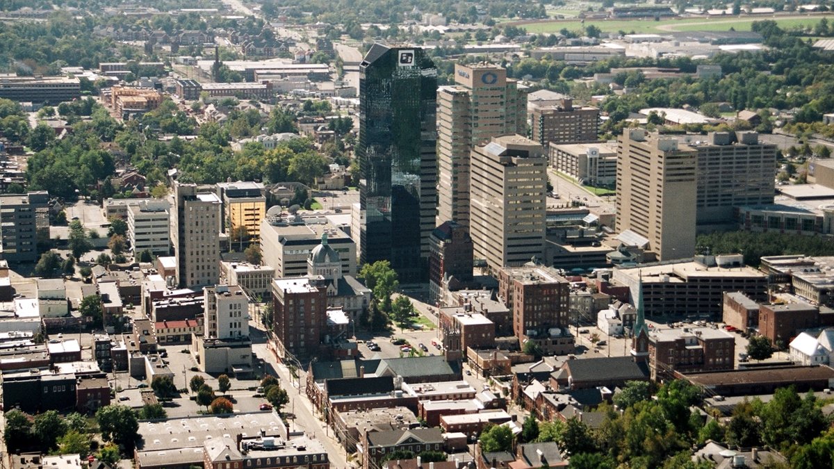 Aerial view of downtown Lexington Kentucky with its tallest office towers