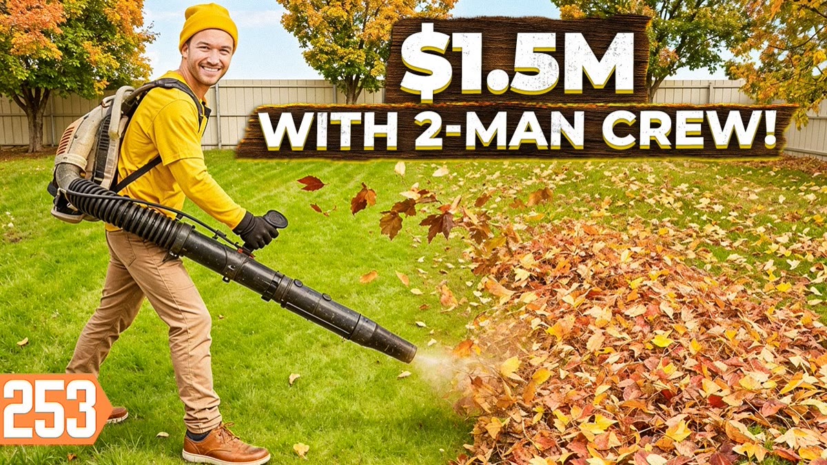 YouTube thumbnail of a lawn crew with mowers on a suburban yard and large title lettering