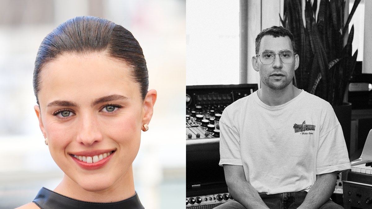 Margaret Qualley smiling at Cannes next to Jack Antonoff seated in a recording studio