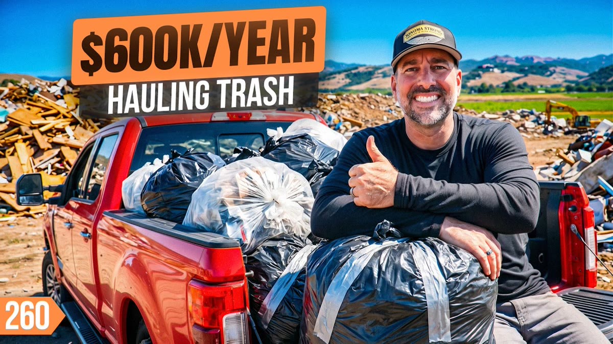 YouTube thumbnail of a pickup truck loaded with household junk and large title lettering