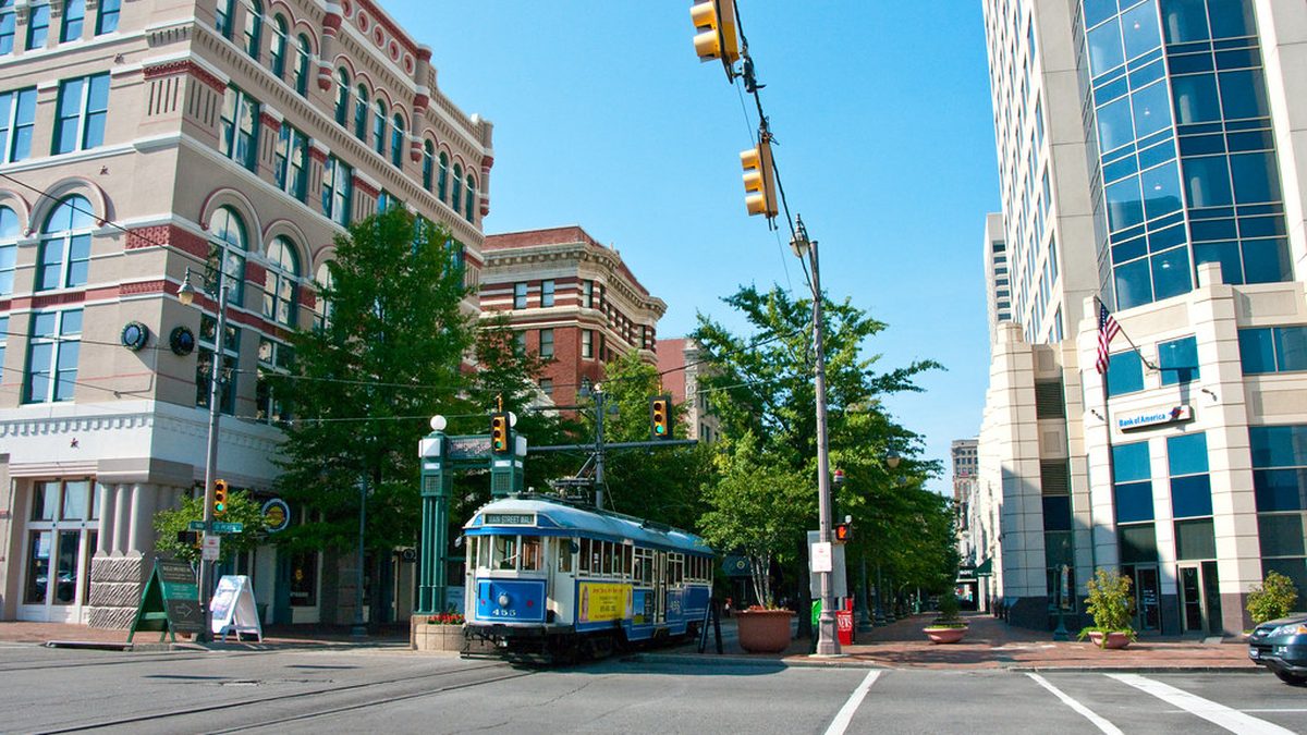 A trolley on Main Street in downtown Memphis, Tennessee