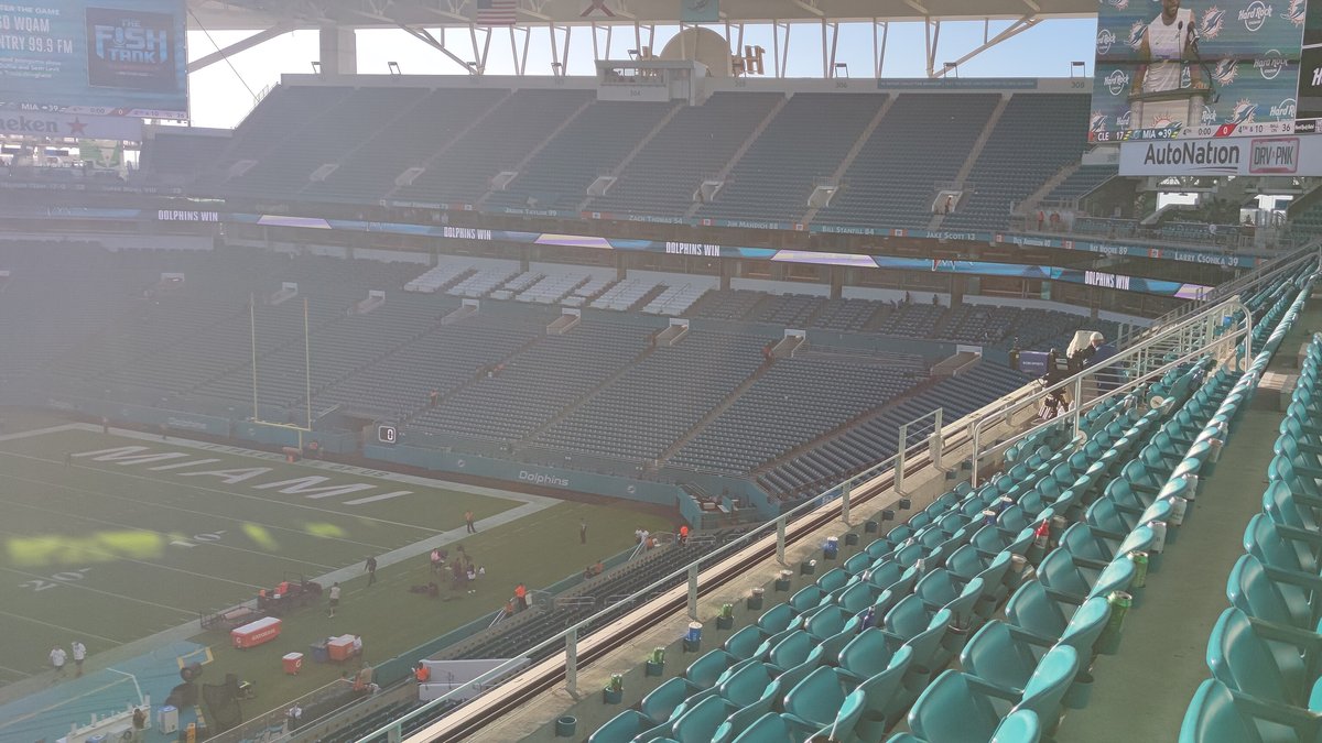 Rows of teal seats and the Miami end zone at Hard Rock Stadium in Miami Gardens, Florida, the home field of the Miami Hurricanes, before a game