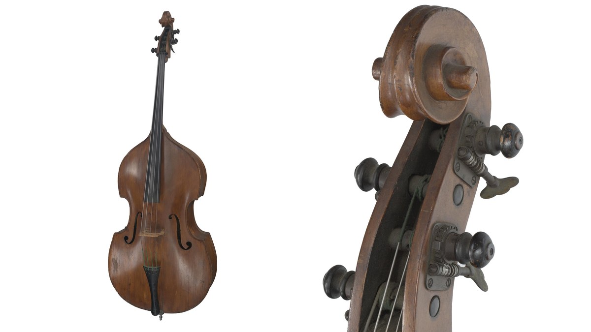 A full-length upright bass with sloping shoulders beside a close-up of its carved scroll and metal tuning gears on a white background