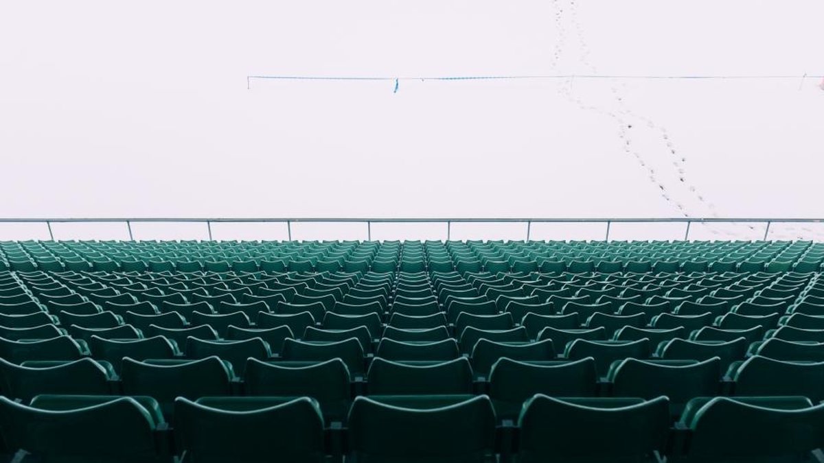 Rows of empty dark green stadium seats under a white sky