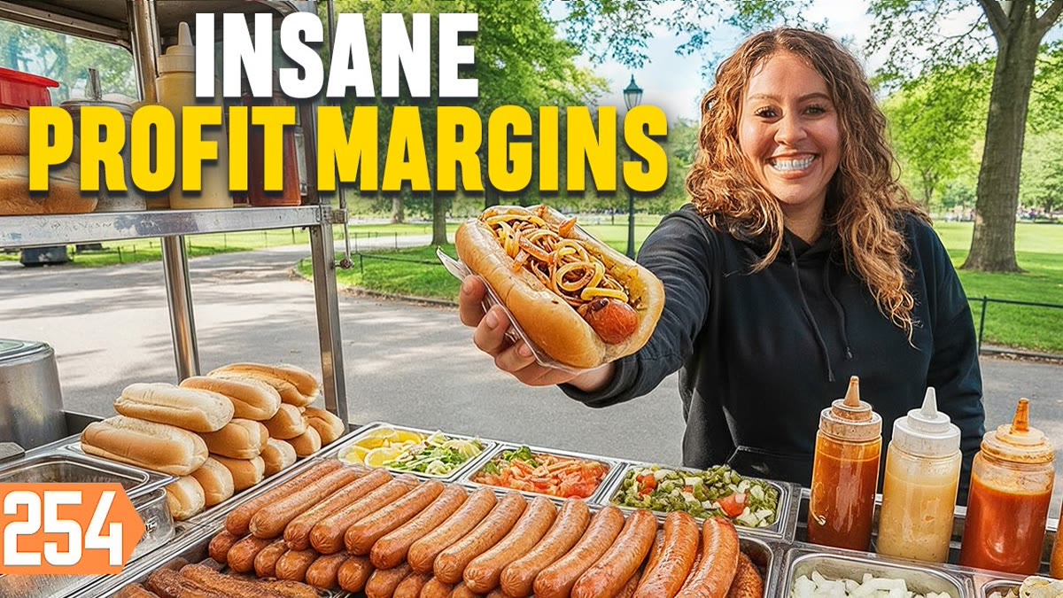 YouTube thumbnail of a hot dog cart on a city sidewalk with large title lettering