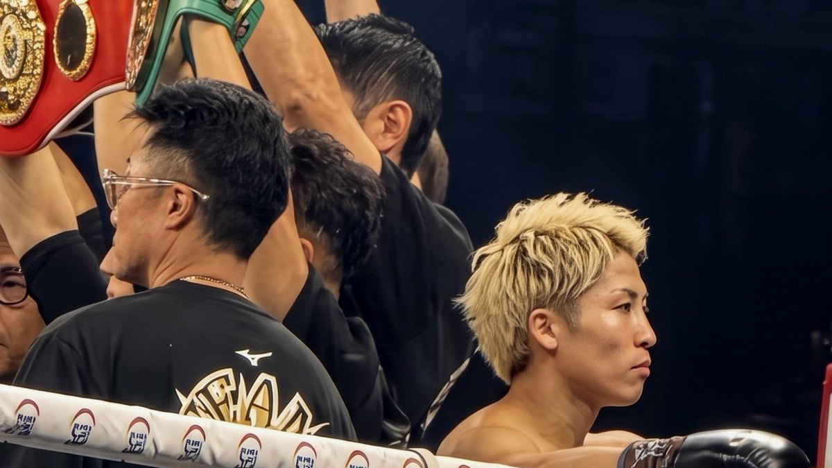 Naoya Inoue with bleached blond hair waits in the ring at the Tokyo Dome as his team holds his championship belts overhead