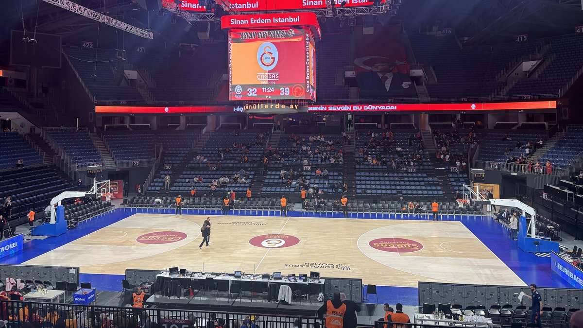 A brightly lit basketball arena in Istanbul with a red scoreboard ring above the court before a European club game