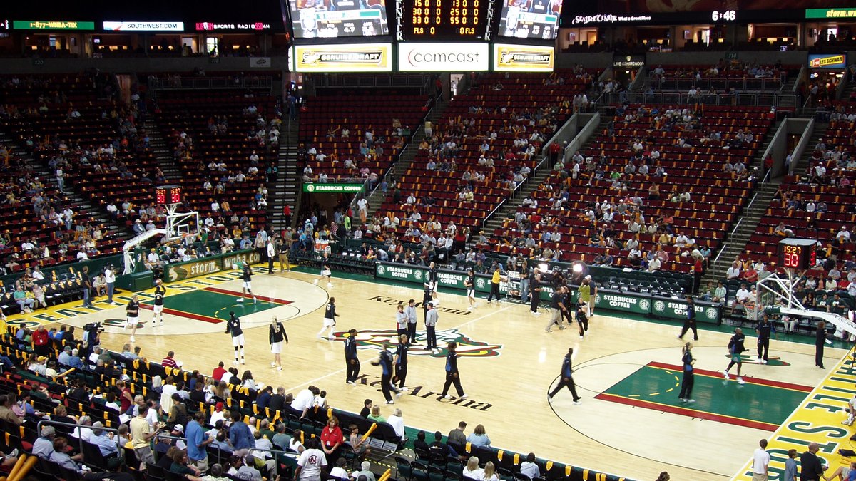 The KeyArena court in Seattle during a Seattle Storm warm-up with fans in the stands