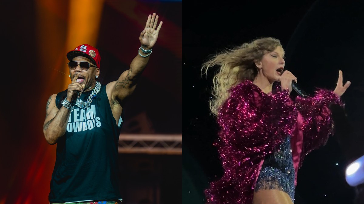 Nelly performing on stage beside Taylor Swift singing in a sparkly pink jacket