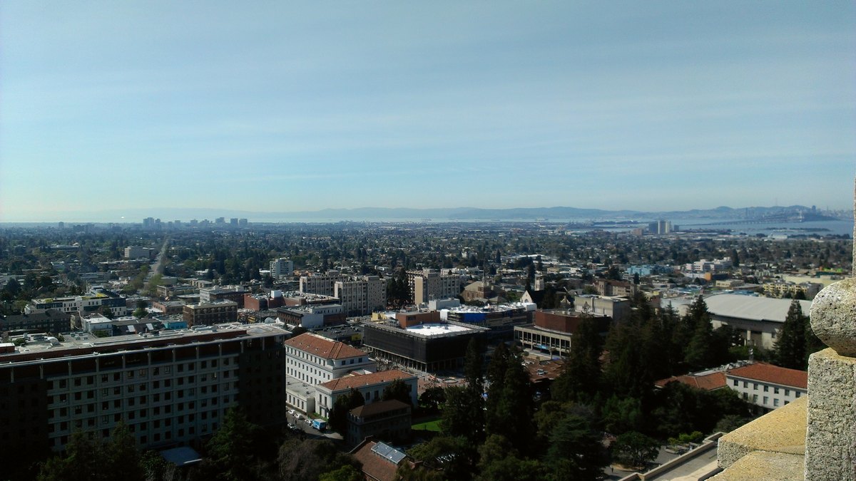 View across rooftops and trees in Oakland with the bay and hazy skyline in the distance