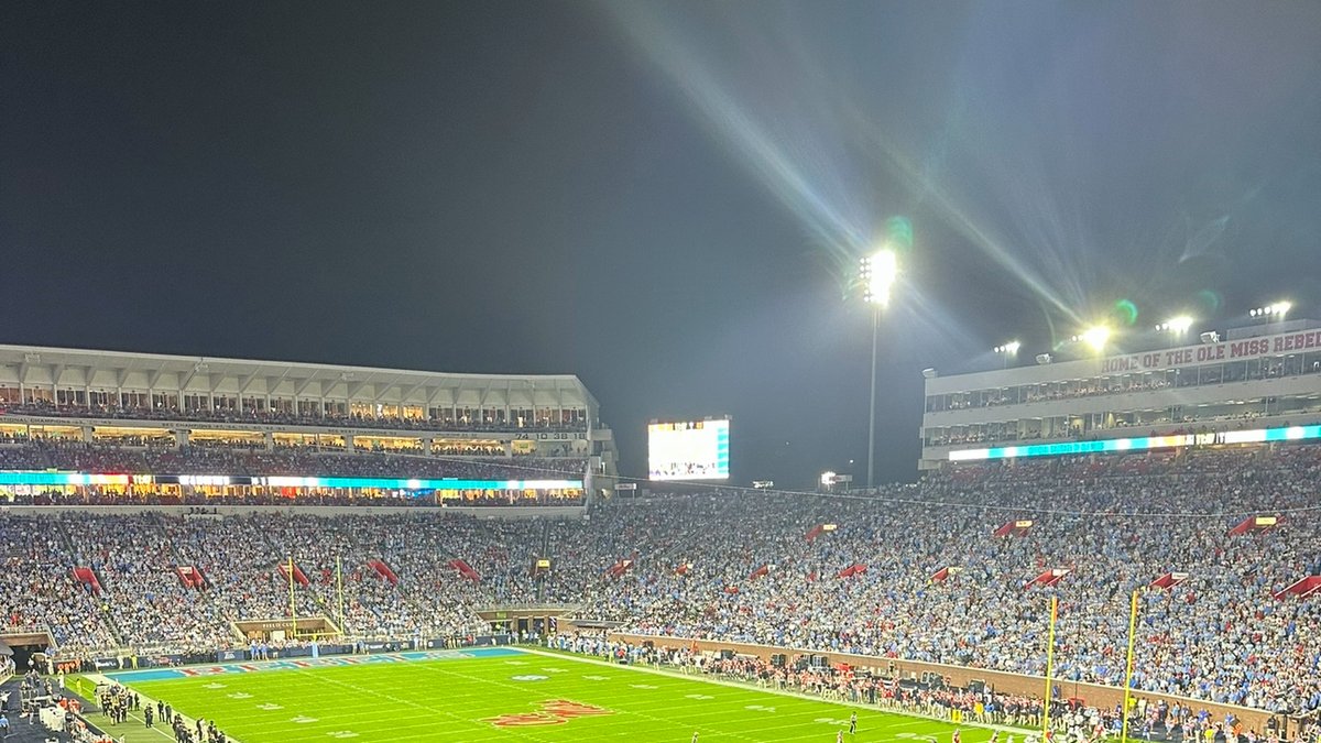 Fans fill Vaught-Hemingway Stadium under the lights as Ole Miss plays a night game in Oxford