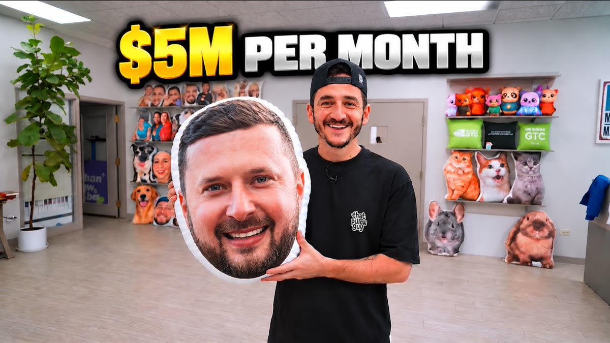 YouTube thumbnail of a custom photo pillow on a work table with large title lettering