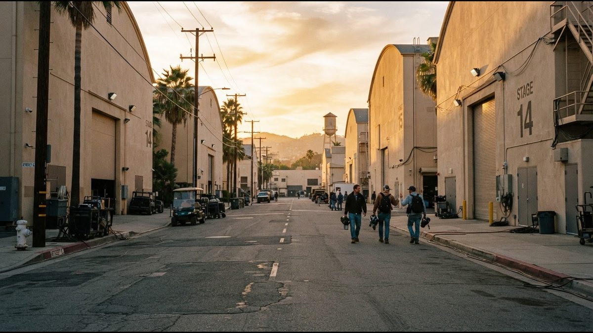 The sun sets behind palm trees and old studio soundstages on a Hollywood backlot street