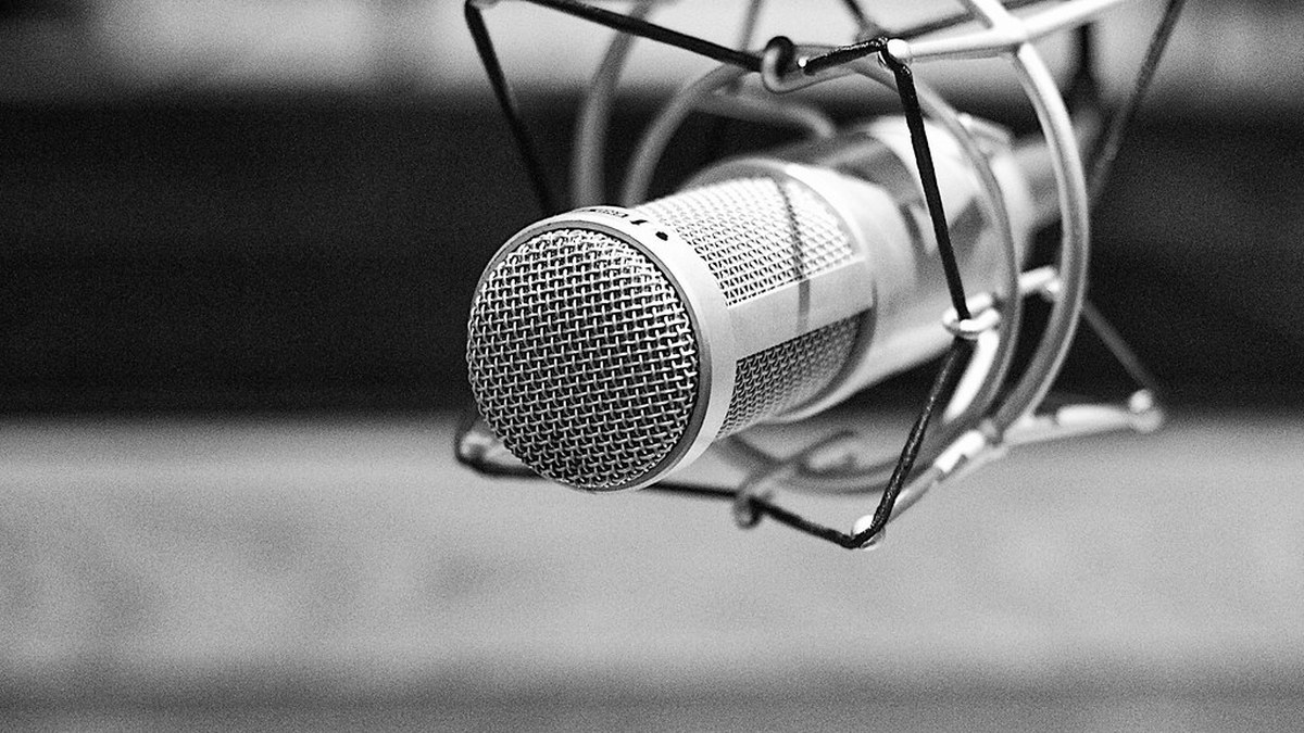Close-up of a studio condenser microphone in a shock mount inside a darkened radio booth