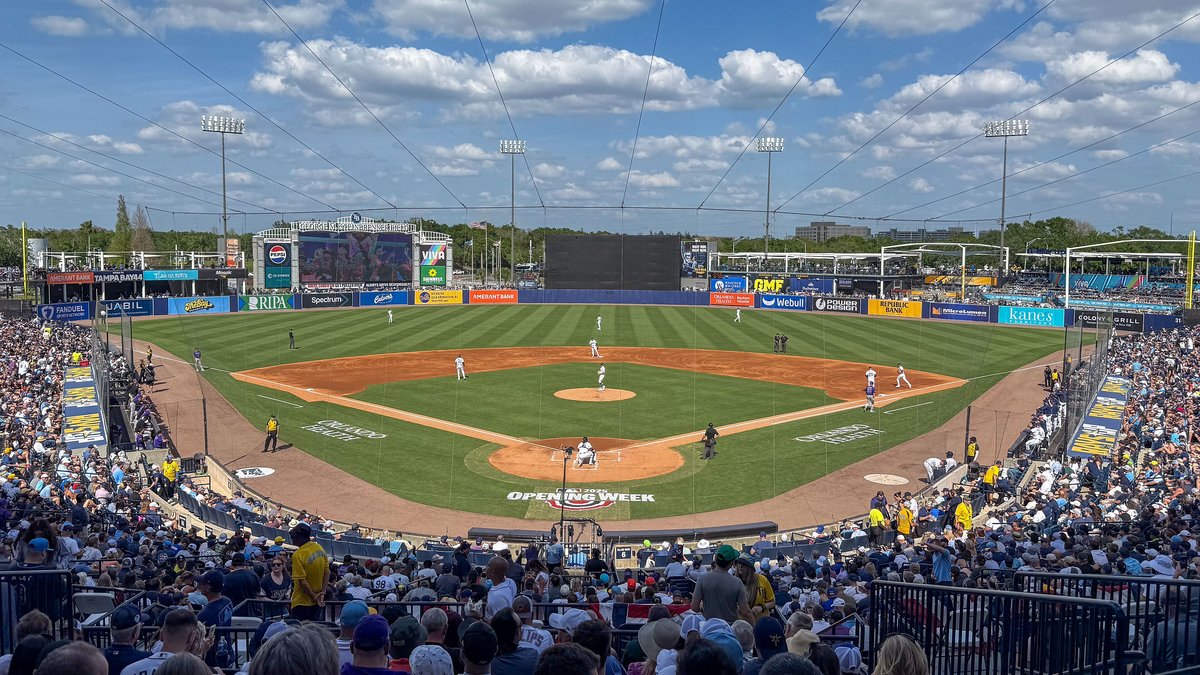 The Tampa Bay Rays play a home game in front of a packed crowd under a blue sky in Tampa