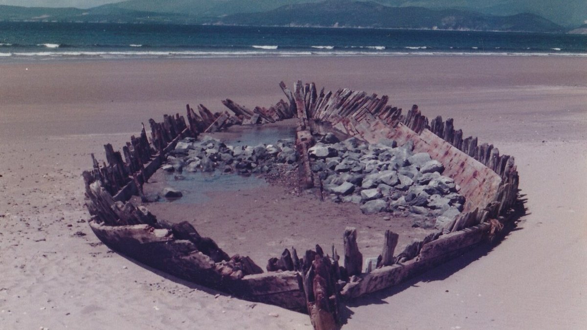 The weathered wooden ribs of an old shipwreck sit half buried in the sand on a wide beach with the ocean and hills behind it