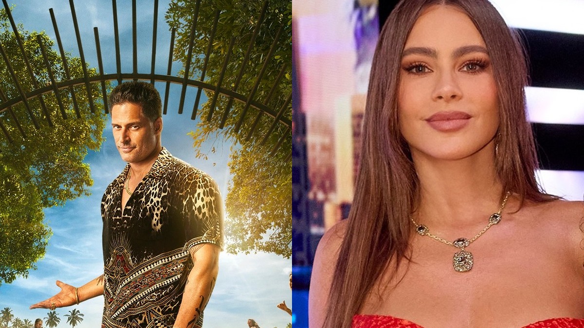 Joe Manganiello in a patterned shirt beside Sofía Vergara in a red gown