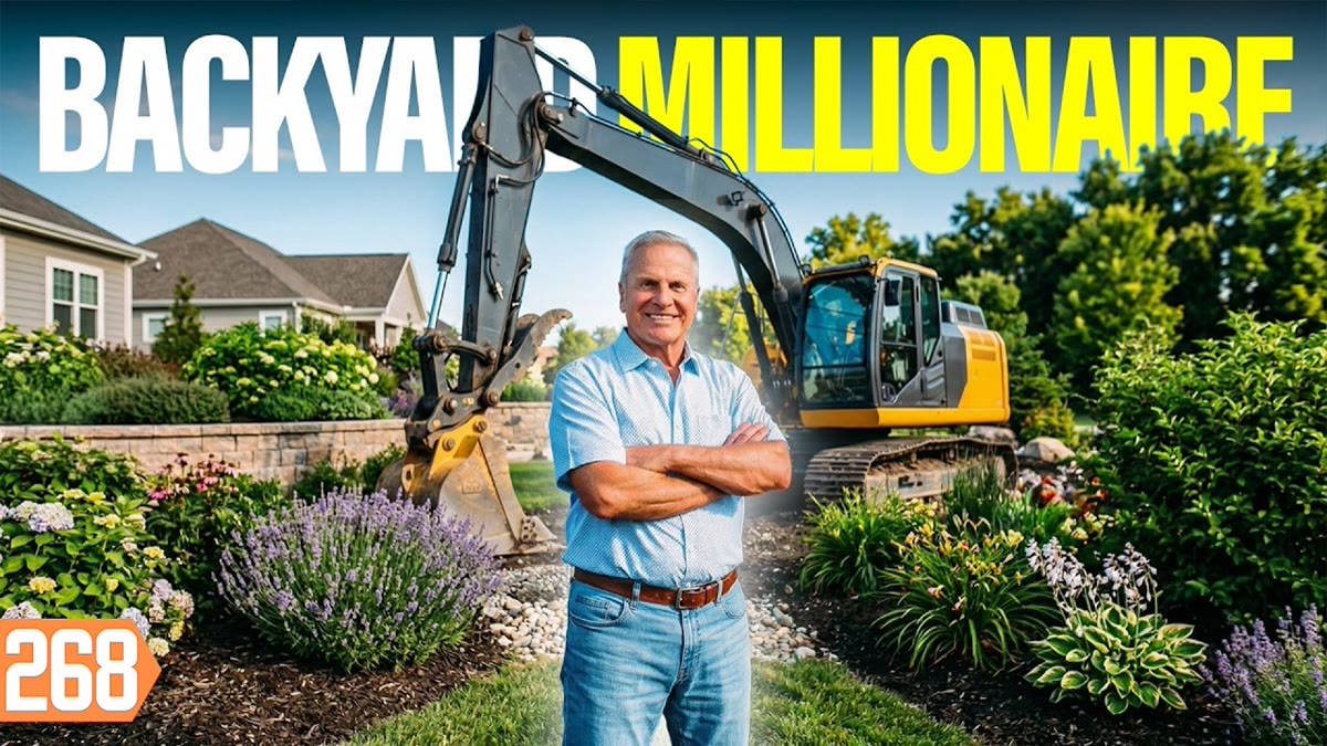 YouTube thumbnail of a finished landscaped yard with a designer and large title lettering
