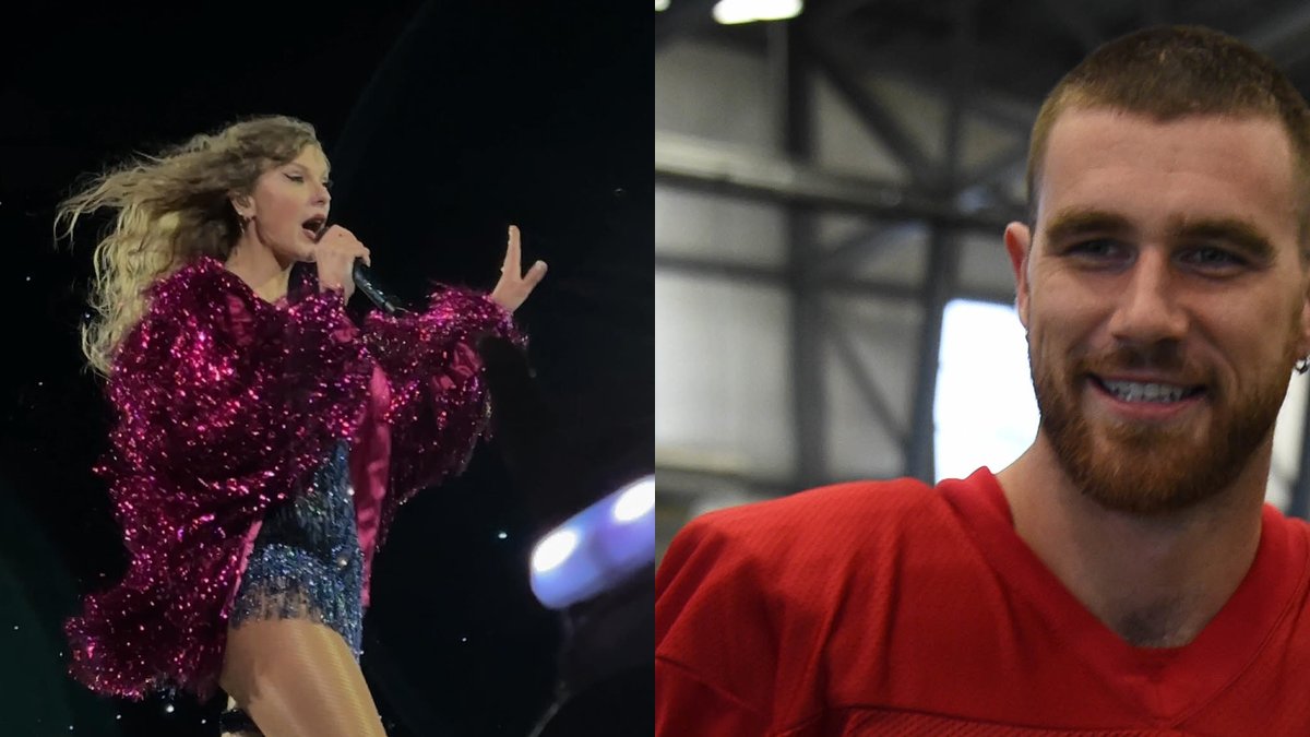 Taylor Swift singing on stage and Travis Kelce in a red Chiefs practice jersey