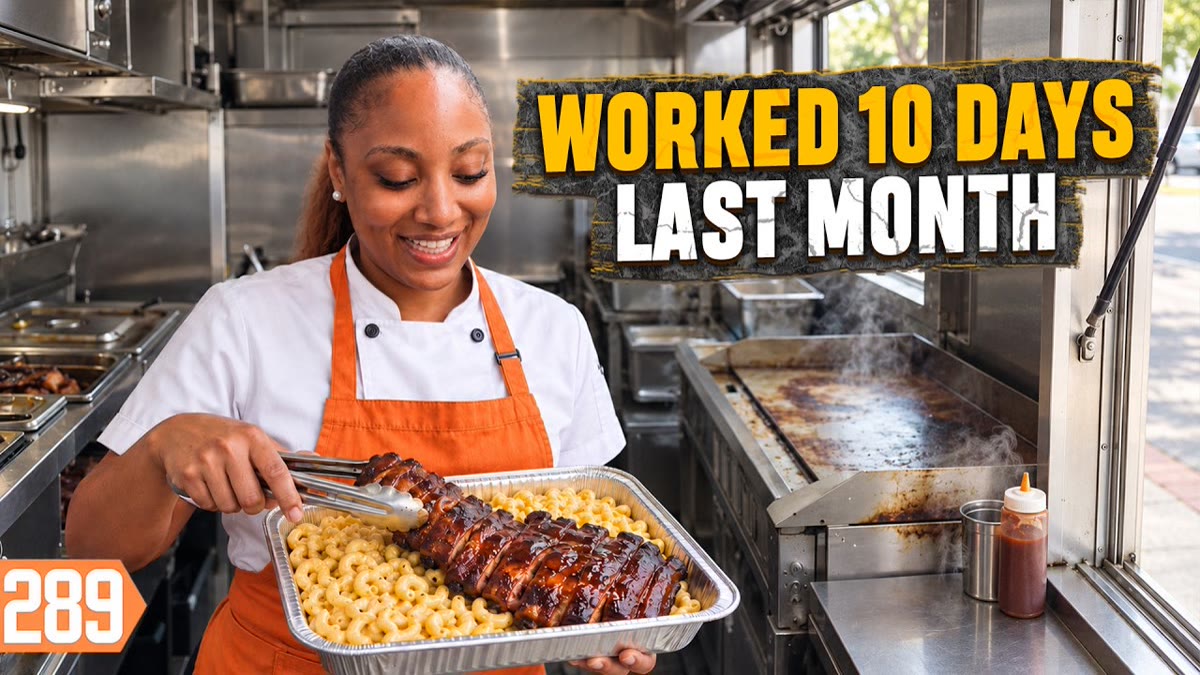 YouTube thumbnail of a barbecue food truck with the owners beside the service window and large title lettering
