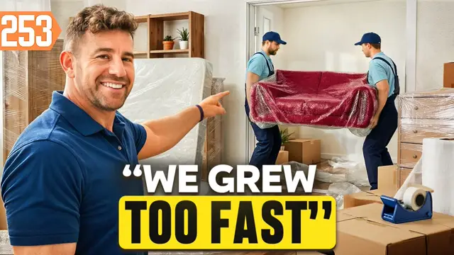 YouTube thumbnail of movers loading a truck outside a house with large title lettering
