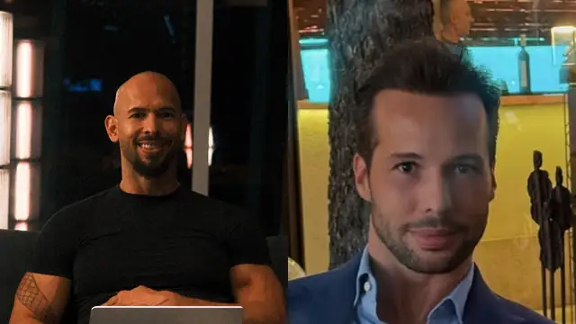 Side-by-side portraits of Andrew Tate in a black T-shirt and Tristan Tate in a navy jacket