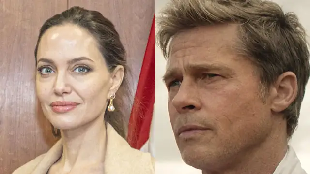 Side-by-side close portraits of Angelina Jolie and Brad Pitt