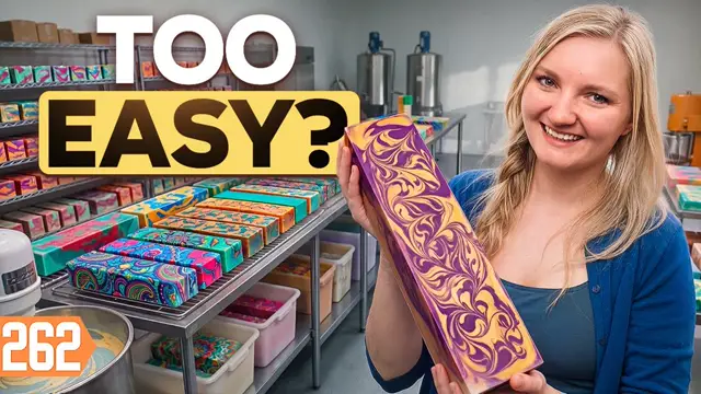 YouTube thumbnail of handmade soap bars stacked on a kitchen table with large title lettering