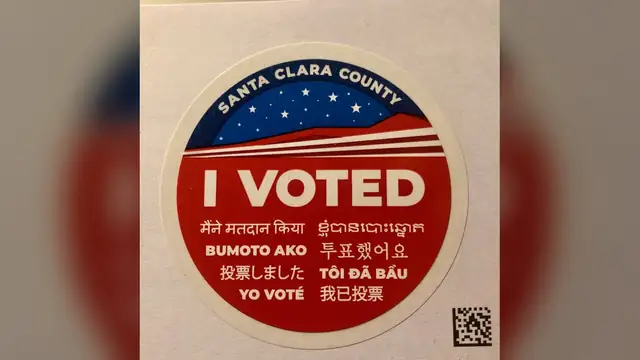 A Santa Clara County I Voted sticker printed in English, Spanish, Chinese, Korean, Vietnamese, Japanese, Hindi, Khmer and Tagalog