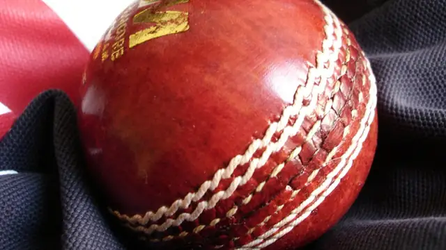A close-up of a red leather cricket ball with its raised white seam