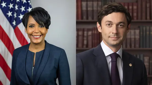 Side by side official portraits of Keisha Lance Bottoms in a navy jacket and Sen. Jon Ossoff in a dark suit and purple tie