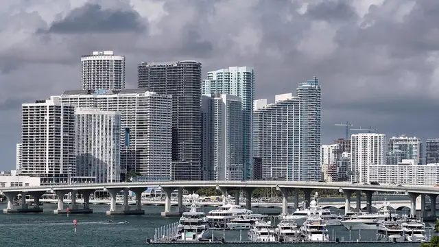 The downtown Miami skyline seen across the water