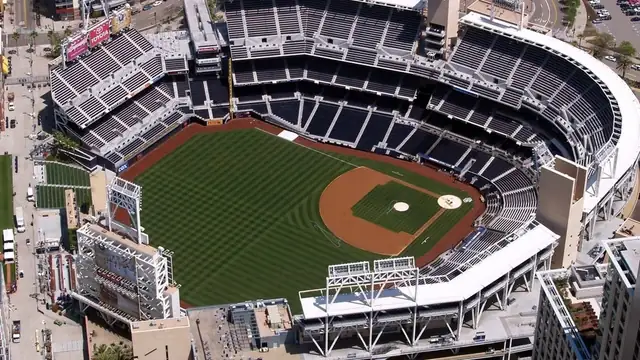 Aerial view of Petco Park in downtown San Diego with the field and stands below