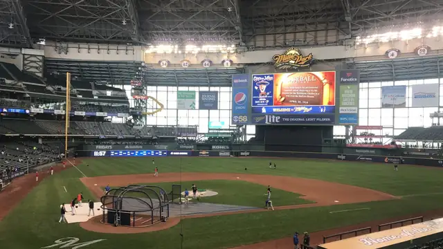 Milwaukee's ballpark, then called Miller Park and now American Family Field, with its roof closed during pregame batting practice