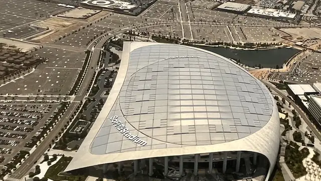 Aerial view of the roof of SoFi Stadium in Inglewood, the home of the Chargers