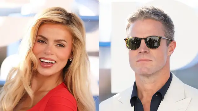Brooks Nader smiling in a red dress beside Stephen Amell in sunglasses and a white blazer