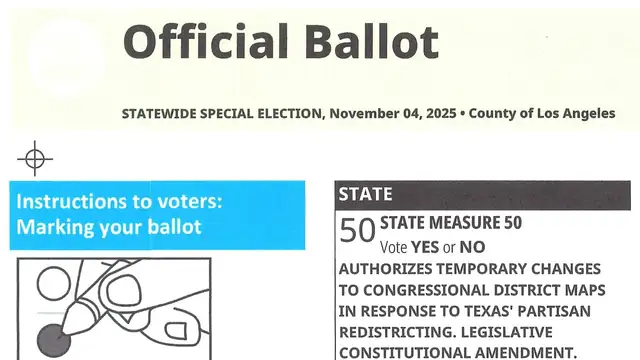 The top of an official Los Angeles County mail ballot showing the heading Official Ballot and a blue box of instructions to voters