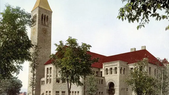 A vintage 1900 color print of the library and clock tower at Cornell University