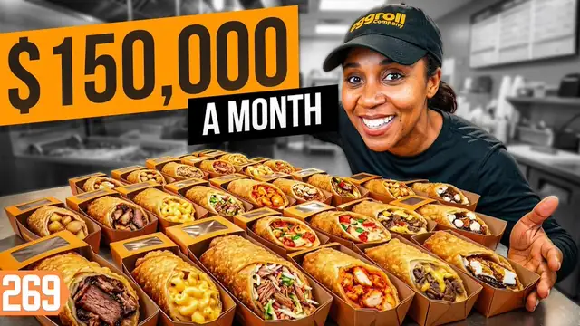 YouTube thumbnail of oversized egg rolls on a tray with large title lettering