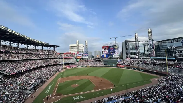 Truist Park in Atlanta seen from high in the stands on a sunny day