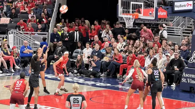 Golden State Valkyries players in black uniforms line up for a free throw during a road game in May 2026
