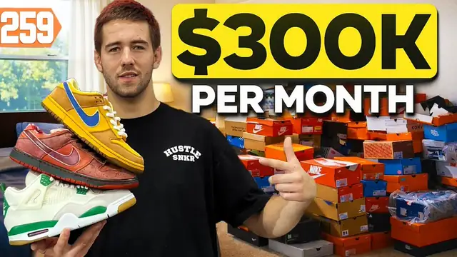 YouTube thumbnail of stacked sneaker boxes inside a small shop with large title lettering