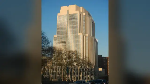 The federal courthouse in Brooklyn, New York, lit by the late afternoon sun