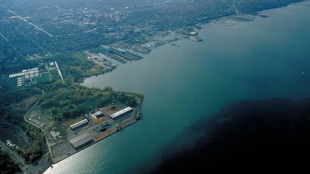 An aerial view of Erie, Pennsylvania along the shore of Lake Erie