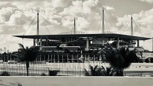 Black and white view of Hard Rock Stadium in Miami Gardens with its canopy and support masts behind palm trees