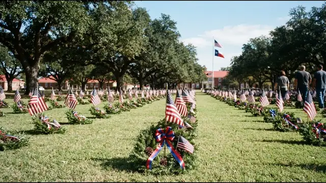 Rows of memorial markers decorated with small American flags and wreaths on a green lawn beneath live oak trees