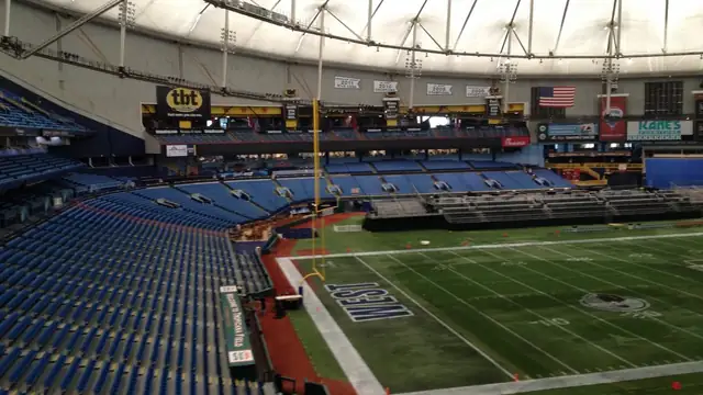 The empty stands and artificial turf inside Tropicana Field in St. Petersburg