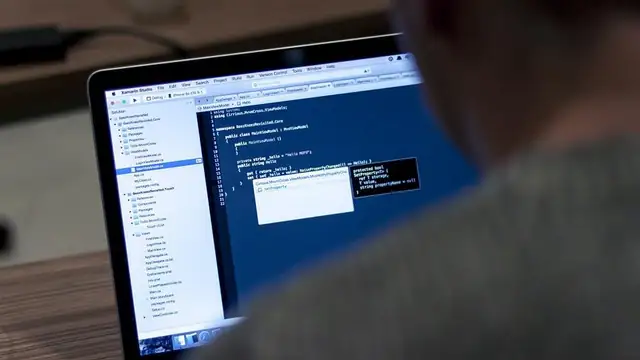 A software developer writes code on a laptop at a desk
