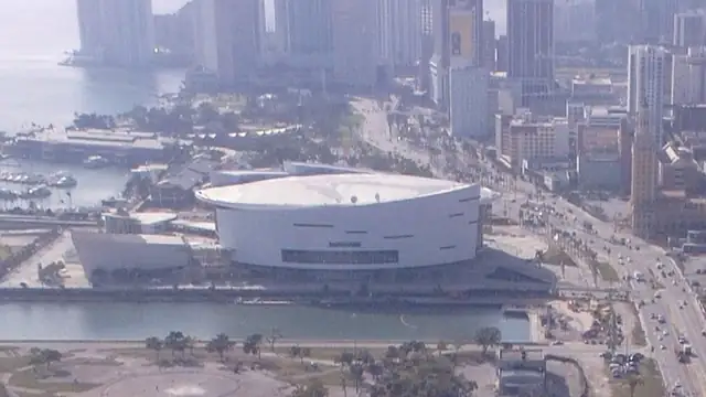 The glass arena now called Kaseya Center rises beside Biscayne Boulevard in downtown Miami